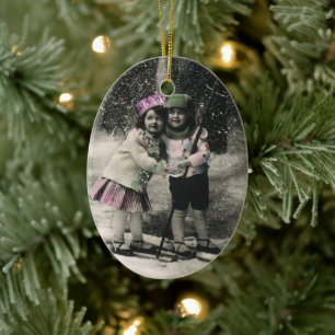 Vintage Christmas, Best Friends on Skis Ceramic Ornament