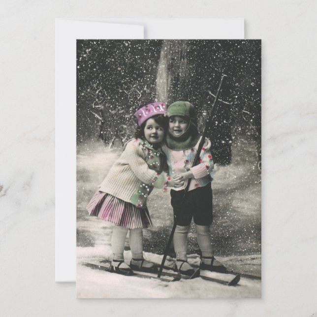 Vintage Christmas, Best Friends on Skis Invitation (Front)
