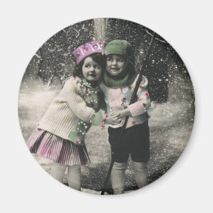 Vintage Christmas, Best Friends on Skis Magnet