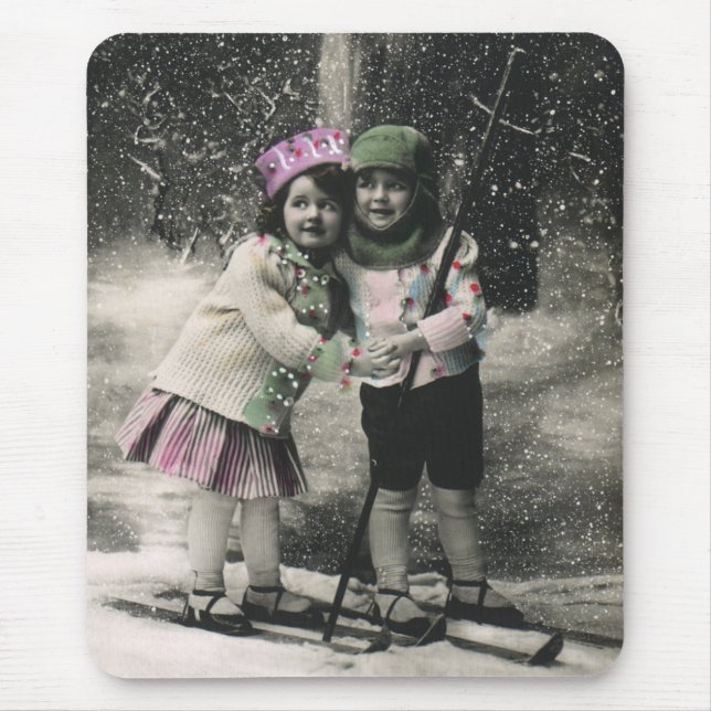 Vintage Christmas, Best Friends on Skis Mouse Pad (Front)