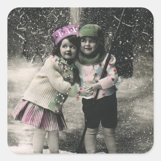 Vintage Christmas, Best Friends on Skis Square Sticker (Front)