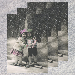 Vintage Christmas, Best Friends on Skis Wrapping Paper Sheets