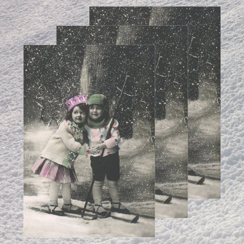 Vintage Christmas Best Friends on Skis Wrapping Paper Sheets