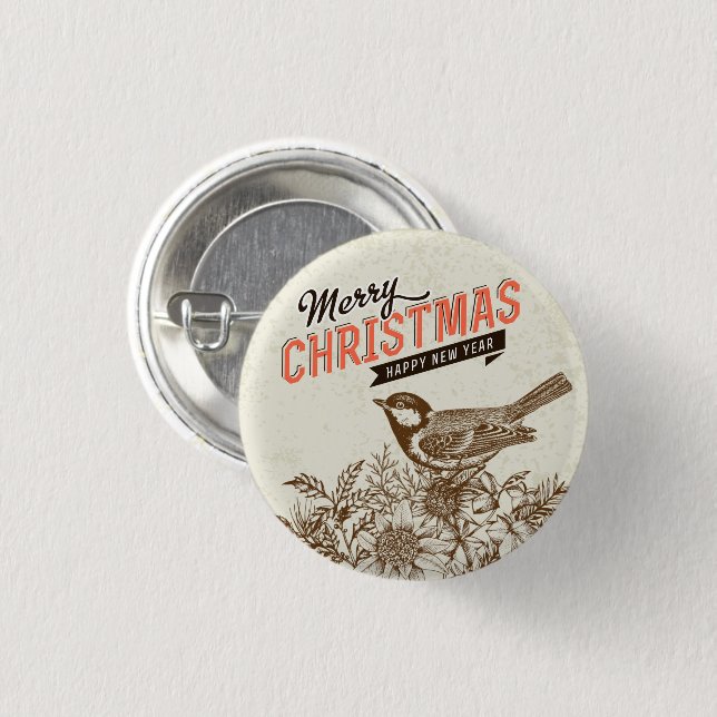 Vintage Christmas Bird and Flower      Button (Front & Back)