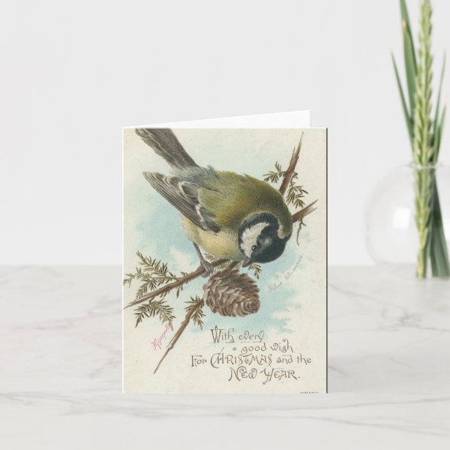 Vintage Christmas Bird and Pinecone Holiday Card (Front)