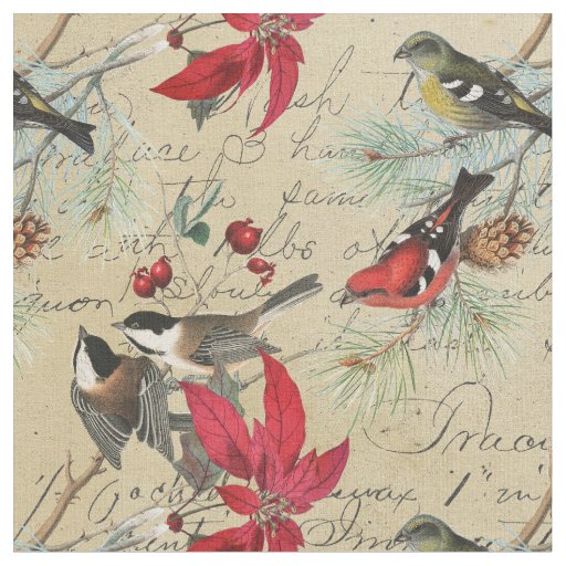 Vintage Christmas Bird and Poinsettia Holiday Fabric