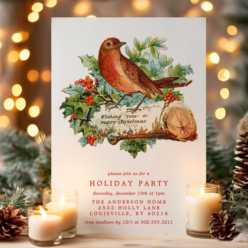 Vintage Christmas Bird Holly Retro Holiday Party Invitation