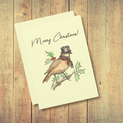 Vintage Christmas Bird on Holly Branch  Holiday Card