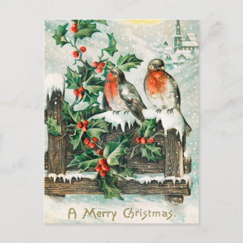 Vintage Christmas Birds and Holly Winter Snow Holiday Postcard