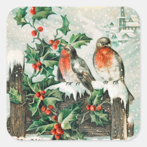 Vintage Christmas Birds and Holly Winter Snow Square Sticker