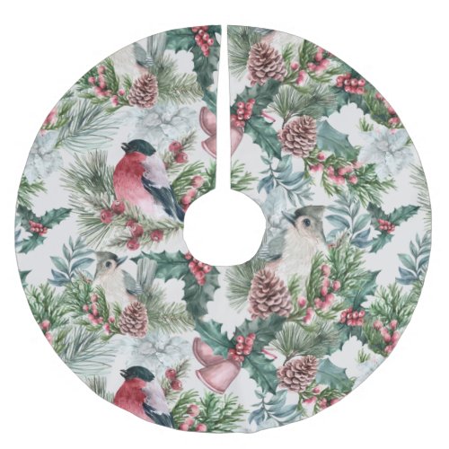 Vintage Christmas Birds and pines floral pattern Brushed Polyester Tree Skirt