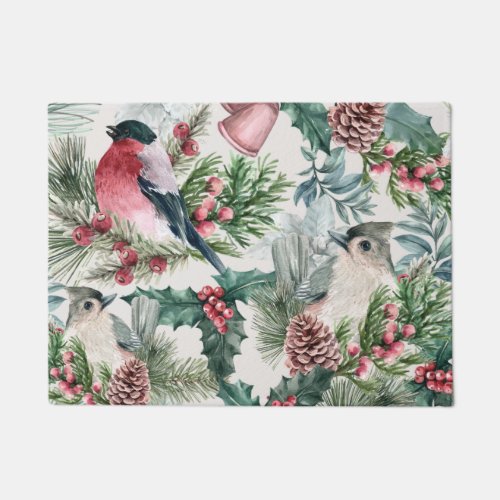 Vintage Christmas Birds and pines floral pattern Doormat