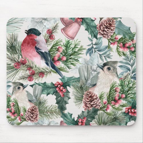 Vintage Christmas Birds and pines floral pattern Mouse Pad