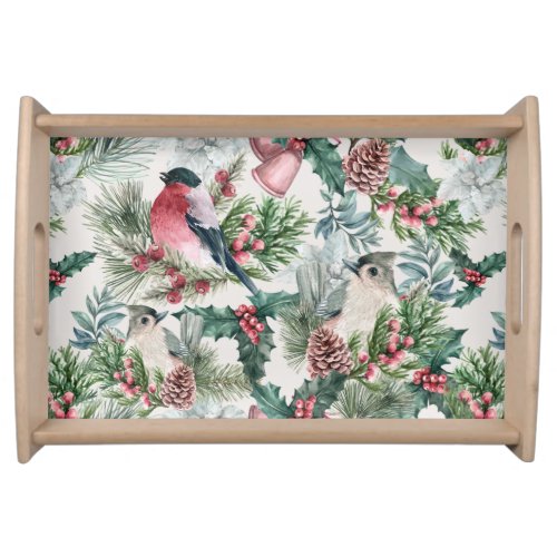 Vintage Christmas Birds and pines floral pattern Serving Tray