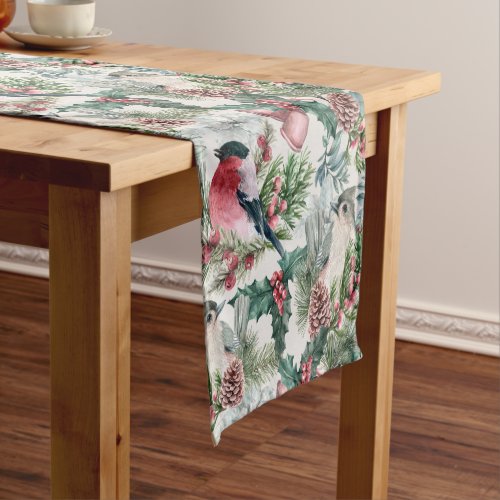 Vintage Christmas Birds and pines floral pattern Short Table Runner