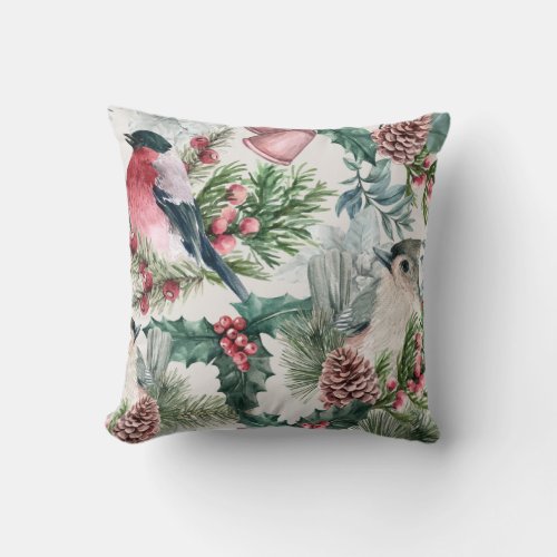 Vintage Christmas Birds and pines floral pattern Throw Pillow