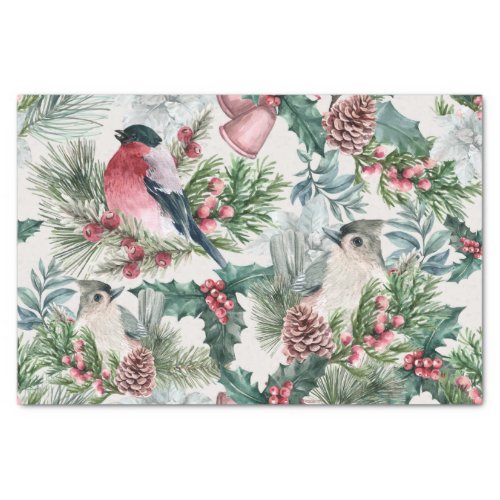 Vintage Christmas Birds and pines floral pattern Tissue Paper