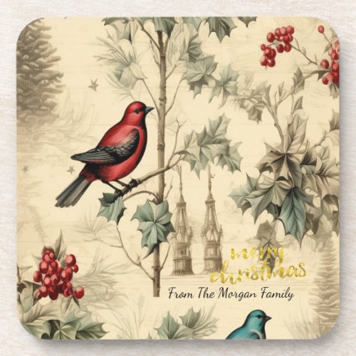 Vintage Christmas Birds Holly Berry Beverage Coaster