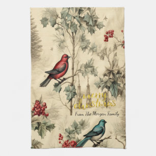 Vintage Christmas Birds Holly Berry Kitchen Towel