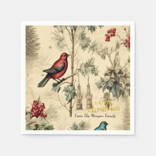 Vintage Christmas Birds Holly Berry Napkins