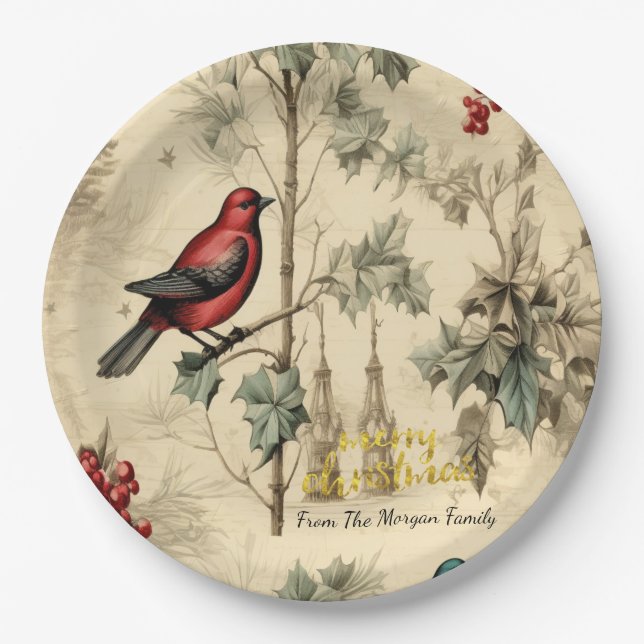 Vintage Christmas Birds Holly Berry Paper Plates (Front)