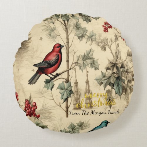 Vintage Christmas Birds Holly Berry Round Pillow