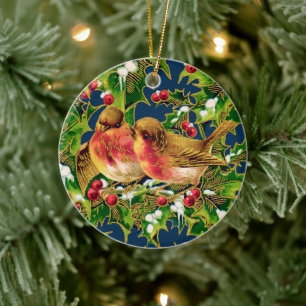 Vintage Christmas Birds Holly Faux Gold Ceramic Ornament