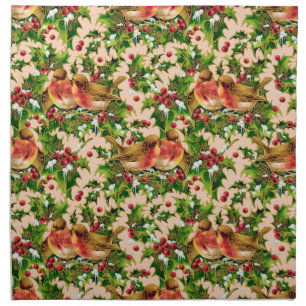 Vintage Christmas Birds Holly Faux Gold Pattern Cloth Napkin
