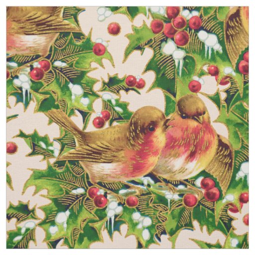 Vintage Christmas Birds Holly Faux Gold Pattern Fabric