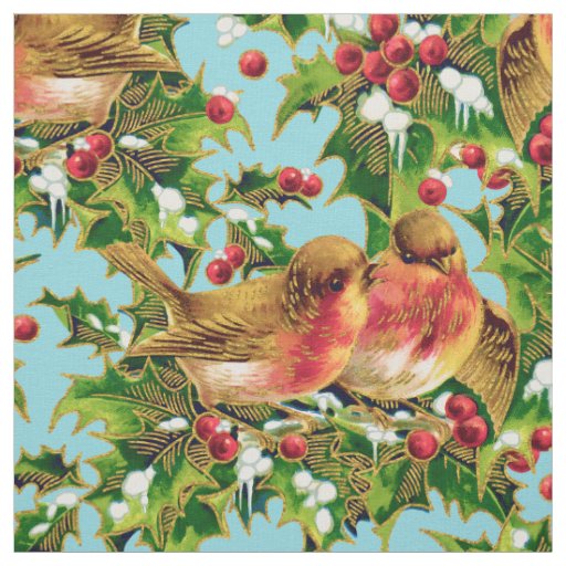 Vintage Christmas Birds Holly Faux Gold Pattern Fabric