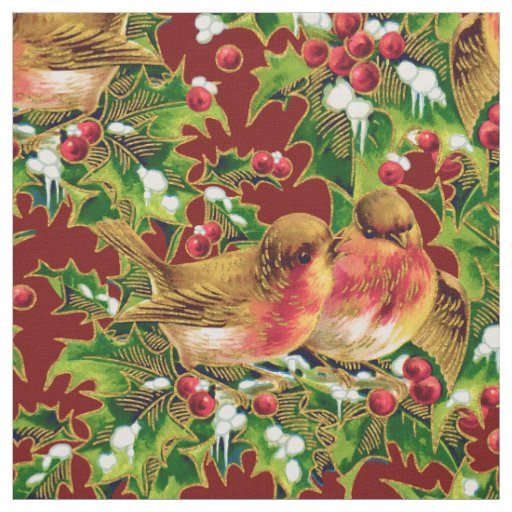 Vintage Christmas Birds Holly Faux Gold Pattern Fabric