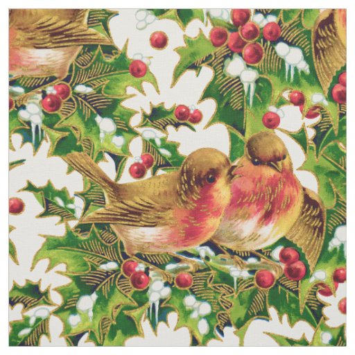 Vintage Christmas Birds Holly Faux Gold Pattern Fabric