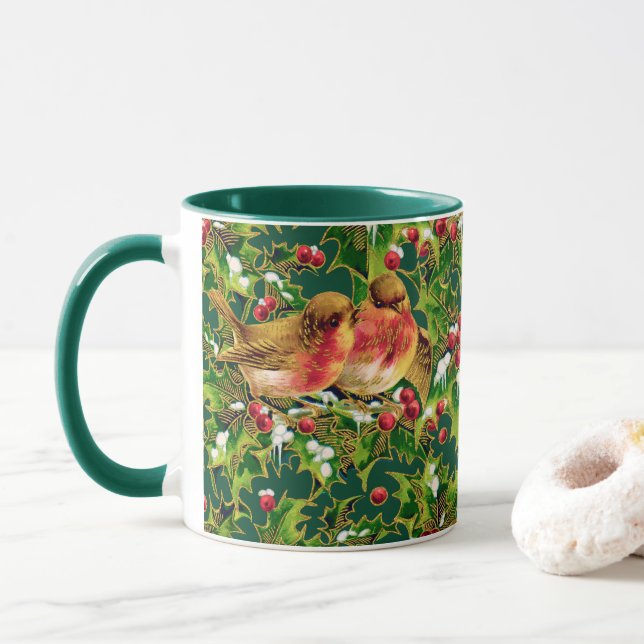 Vintage Christmas Birds Holly Faux Gold Pattern Mug (With Donut)
