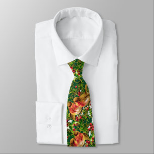 Vintage Christmas Birds Holly Faux Gold Pattern Neck Tie