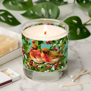 Vintage Christmas Birds Holly Faux Gold Pattern Scented Candle