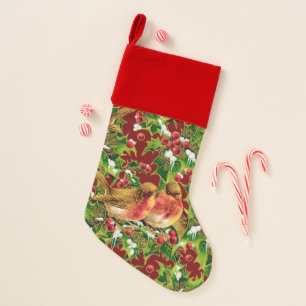 Vintage Christmas Birds Holly Faux Gold Pattern Stocking