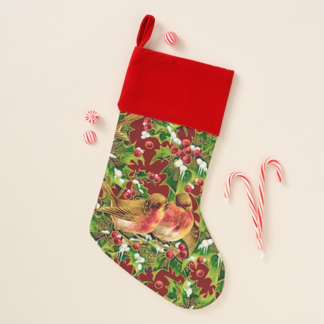 Vintage Christmas Birds Holly Faux Gold Pattern Stocking (Front)