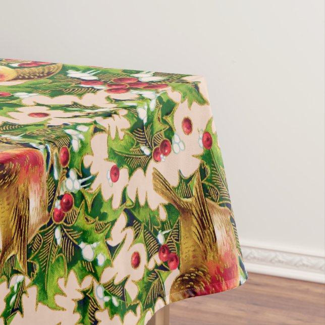 Vintage Christmas Birds Holly Faux Gold Pattern Tablecloth (In Situ)