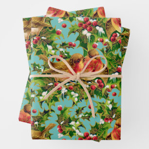 Vintage Christmas Birds Holly Faux Gold Pattern Wrapping Paper Sheets
