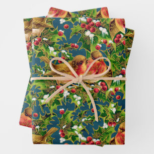 Vintage Christmas Birds Holly Faux Gold Pattern Wrapping Paper Sheets