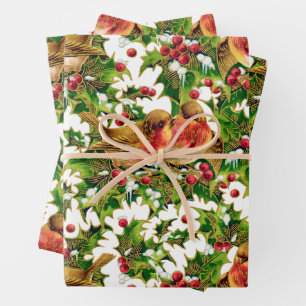 Vintage Christmas Birds Holly Faux Gold Pattern Wrapping Paper Sheets