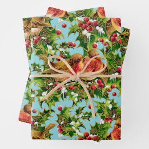Vintage Christmas Birds Holly Faux Gold Pattern Wrapping Paper Sheets