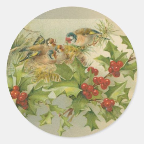 Vintage Christmas Birds Nest Classic Round Sticker
