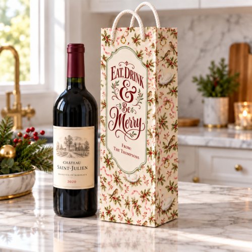 Vintage Christmas Birds Personalized Wine Gift Bag