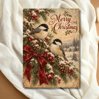 Vintage Christmas Birds Traditional Winter Scene Holiday Card
