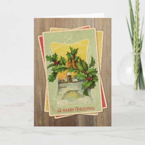 Vintage Christmas Birds wHolly  Windmill on Wood Holiday Card