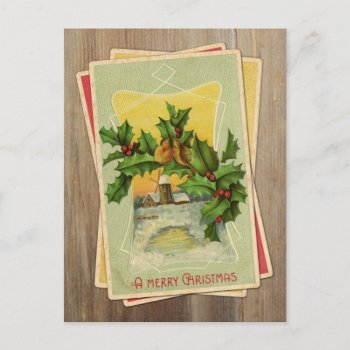 Vintage Christmas Birds W/holly & Windmill On Wood Holiday Postcard by gilmoregirlz at Zazzle
