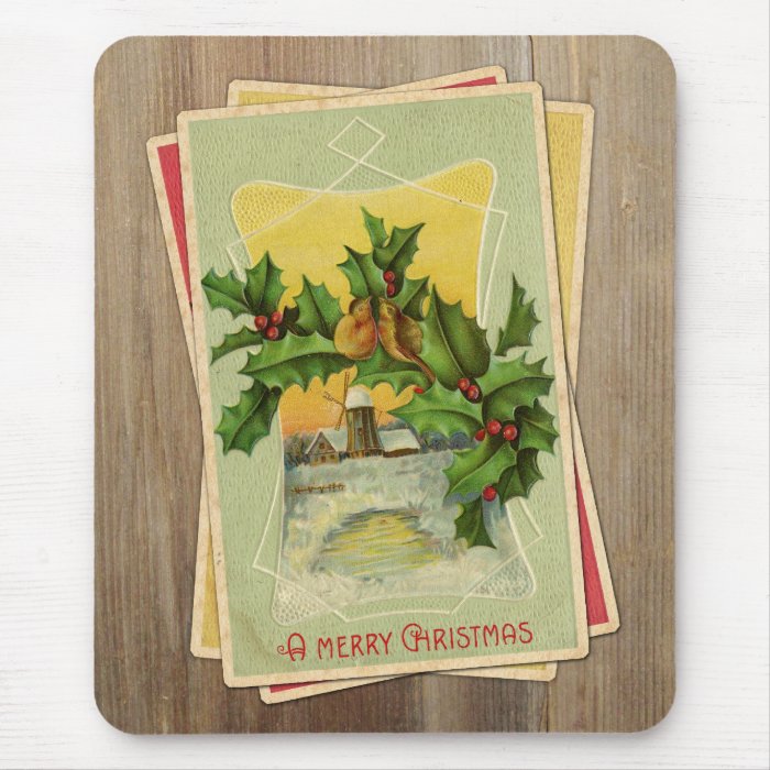 Vintage Christmas Birds w/Holly & Windmill on Wood Mouse Pads