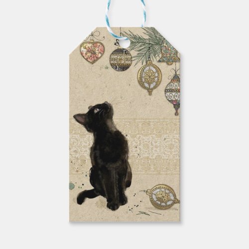 Vintage Christmas Black Cat Looking At Ornaments Gift Tags