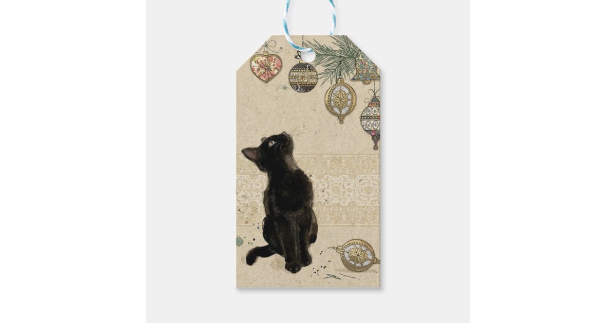 Vintage Christmas Black Cat Looking At Ornaments Gift Tags